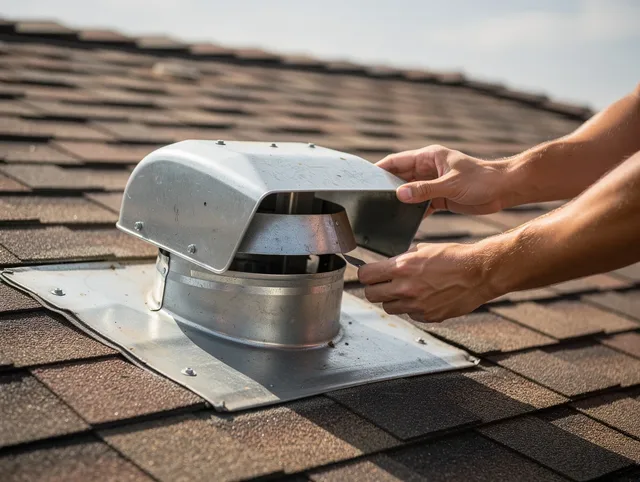 Torrington Dryer Vent Cleaning certified technician safely cleaning a roof-mounted dryer vent in Torrington