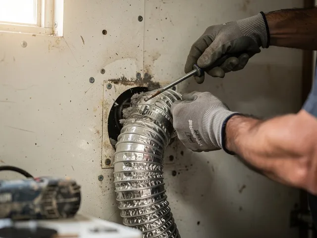 Torrington Dryer Vent Cleaning technician performing precise dryer vent hose installation in Torrington